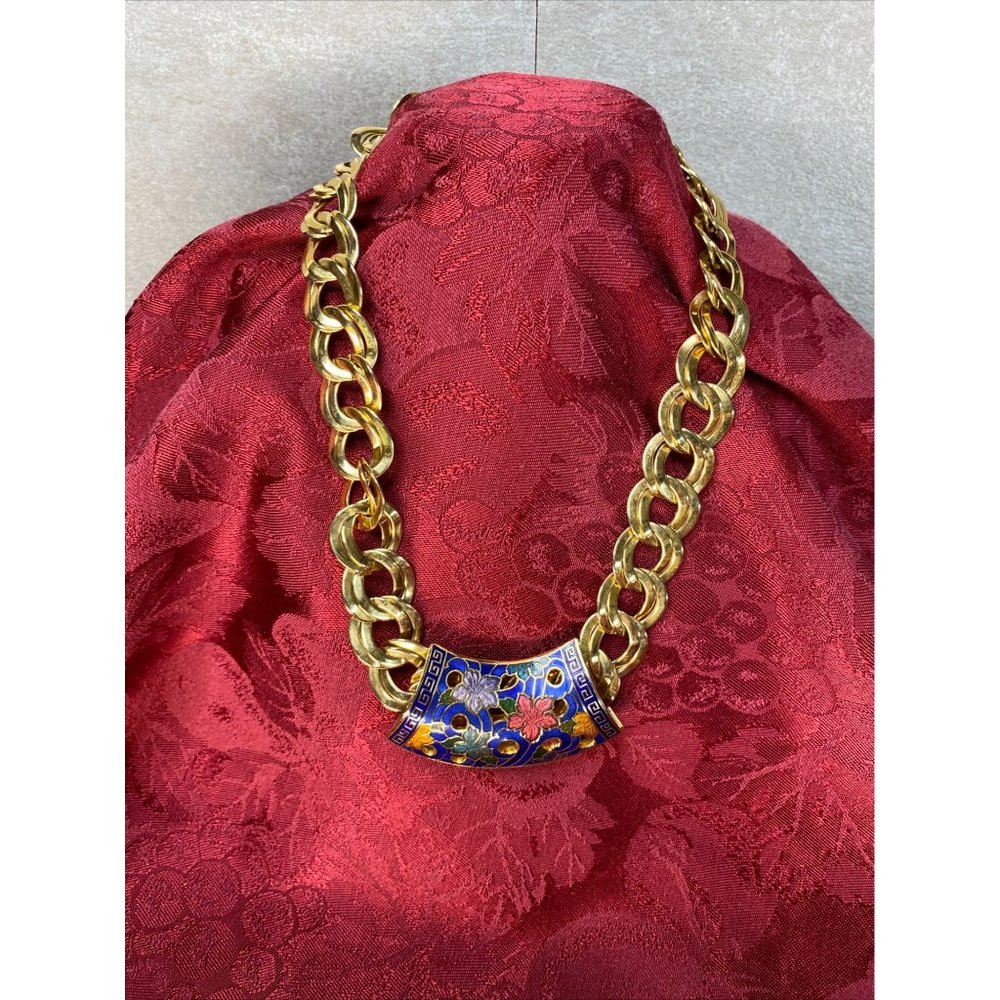 Vintage Cloisonne Chunky Large Chain Link Gold Tone Collar Necklace Statement Pi - Picture 8 of 8
